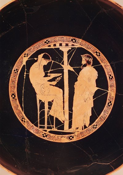 Athenian red-figure kylix depicting Aegeus, King of Athens, consulting the Delphic Oracle by Greek